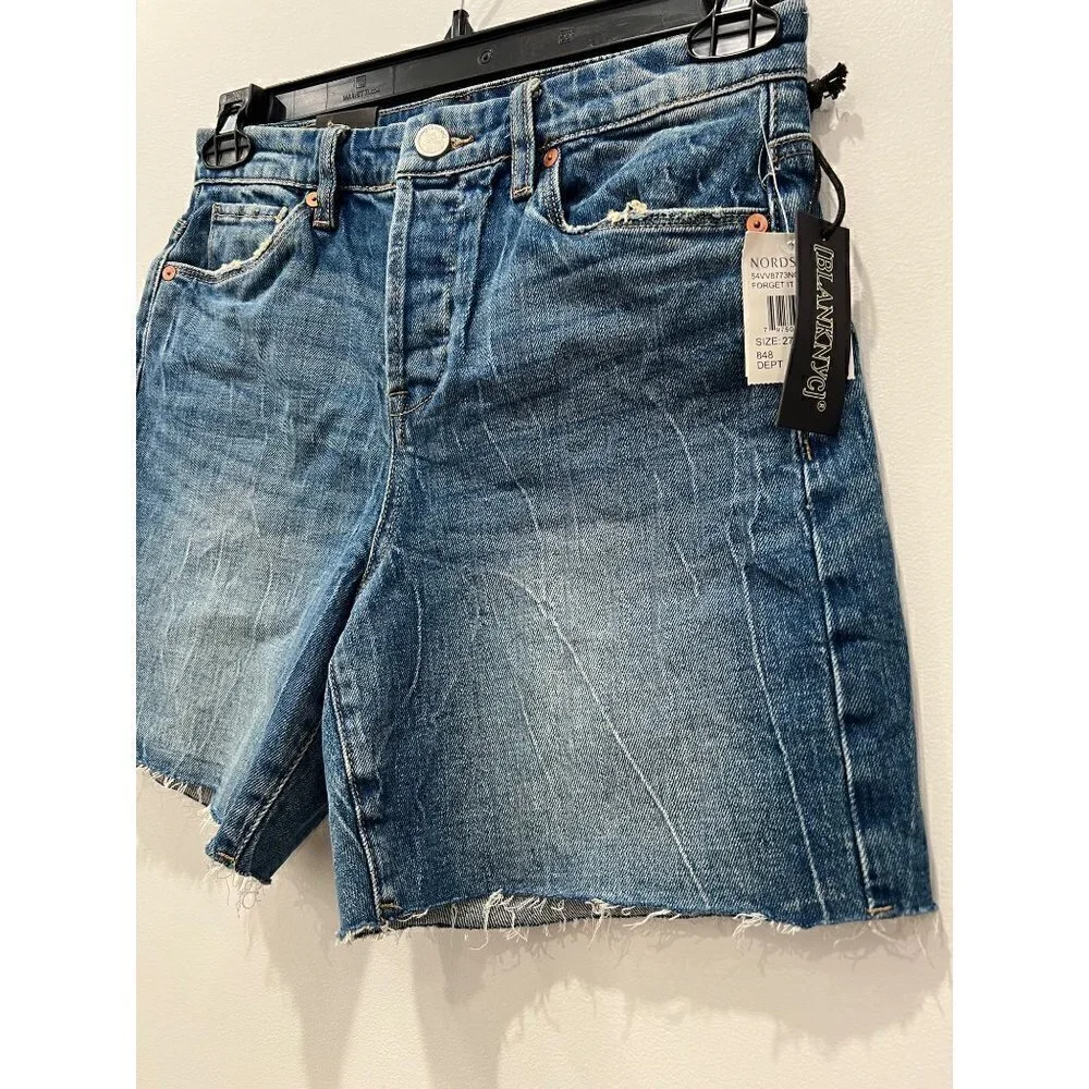 NWT BLANKNYC Size 27 Button Fly Raw Hem Long Denim Shorts MSRP $78